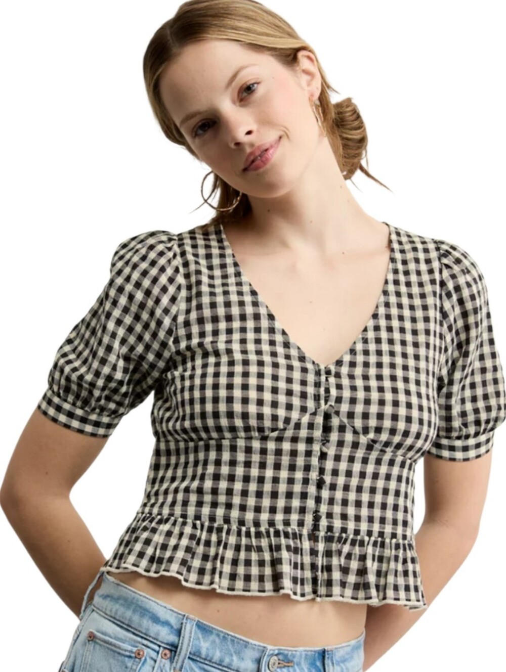 American Eagle V-Neck Puff Sleeve Gingham Corset Shirt